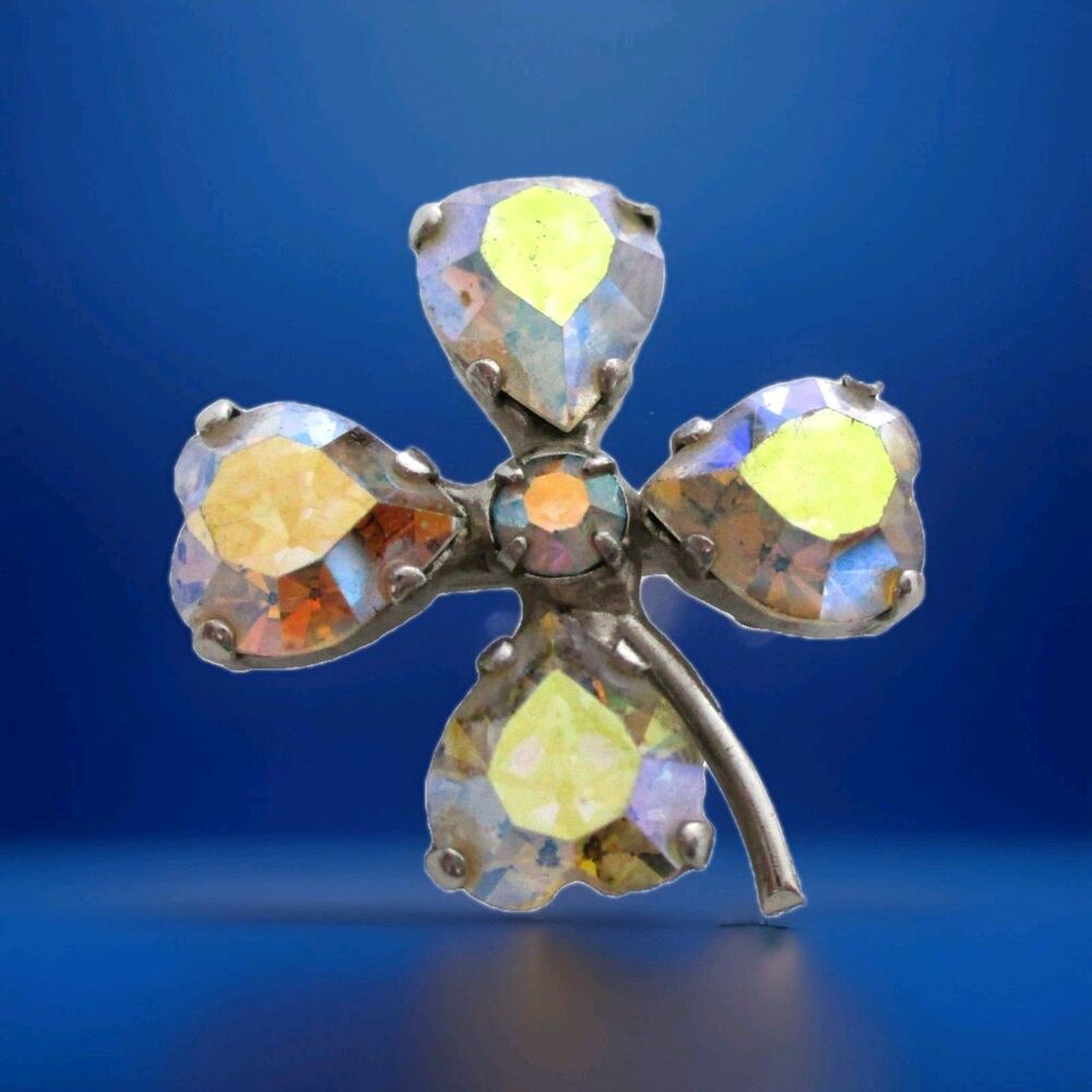 Vintage B David 4 Leaf Clover Shamrock  AB Rhinestone  Brooch Pin Silver Tone